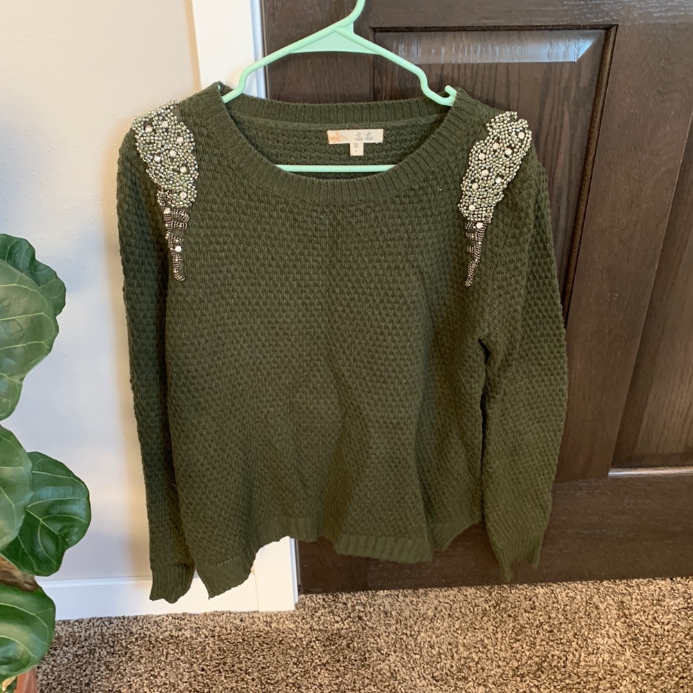 Green jeweled shoulder sweater.